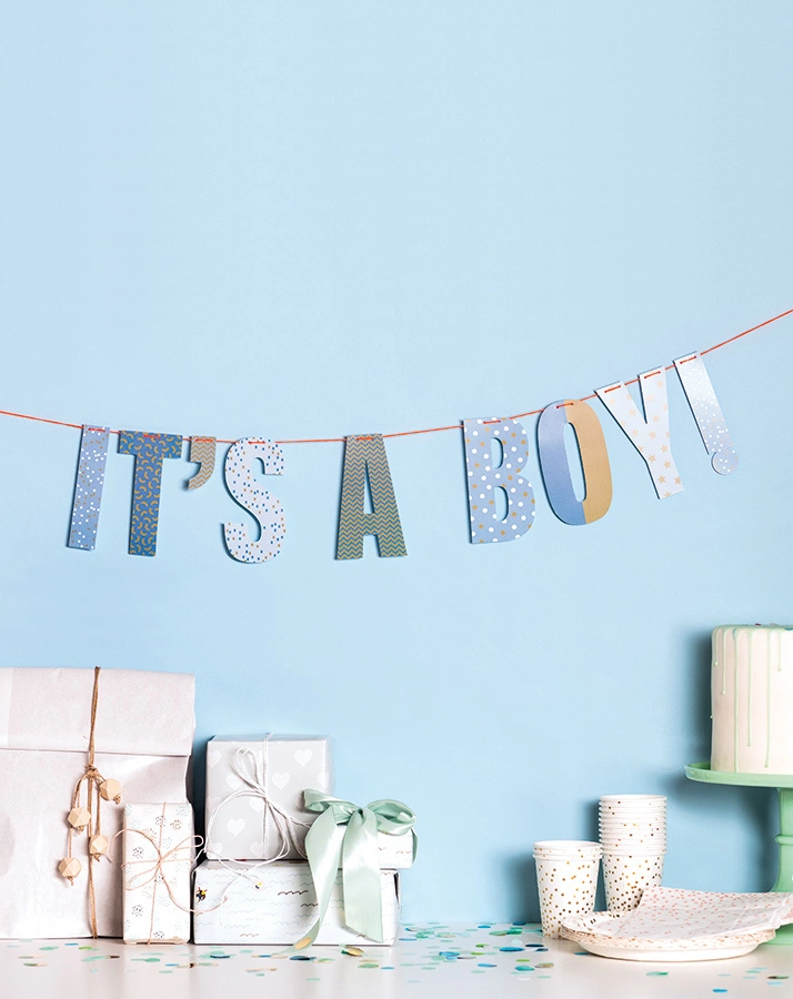 Papier-Girlande IT‘S A BOY (3m) in hellblau/blau