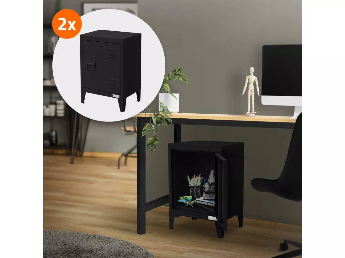 Lot 2x armoire de classement noir en acier 40x30x57,5cm table de chevet stockage