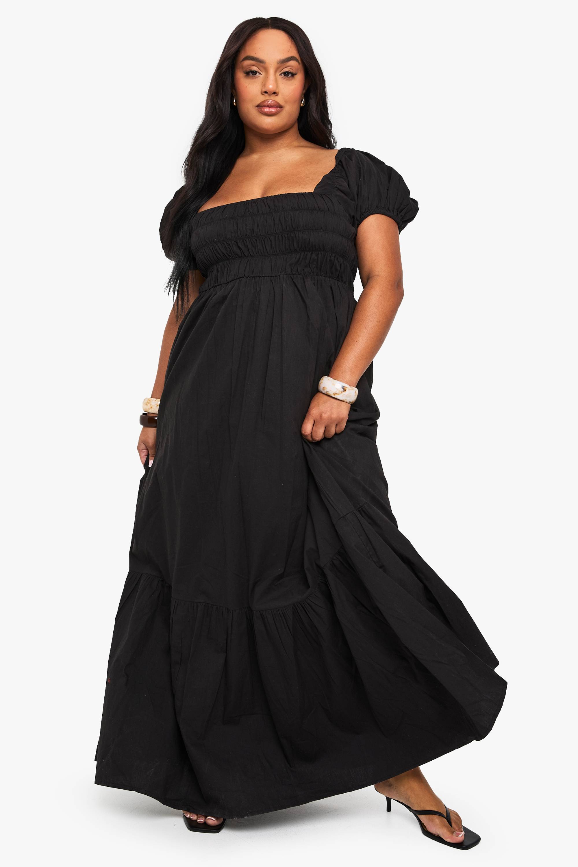boohoo Robe Maxi Grande Taille En Popeline De Coton À Manches Bouffantes