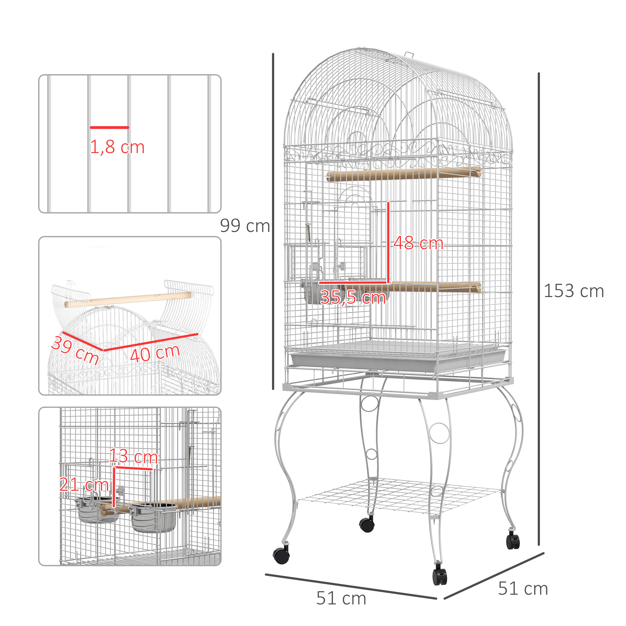 Gaiola para pássaros PawHut com rodas, gaiola externa com bandeja removível, tela de arame, 2 comedouros de aço inoxidável, prateleira e poleiro para periquitos e canários, 51x51x153 cm, branca