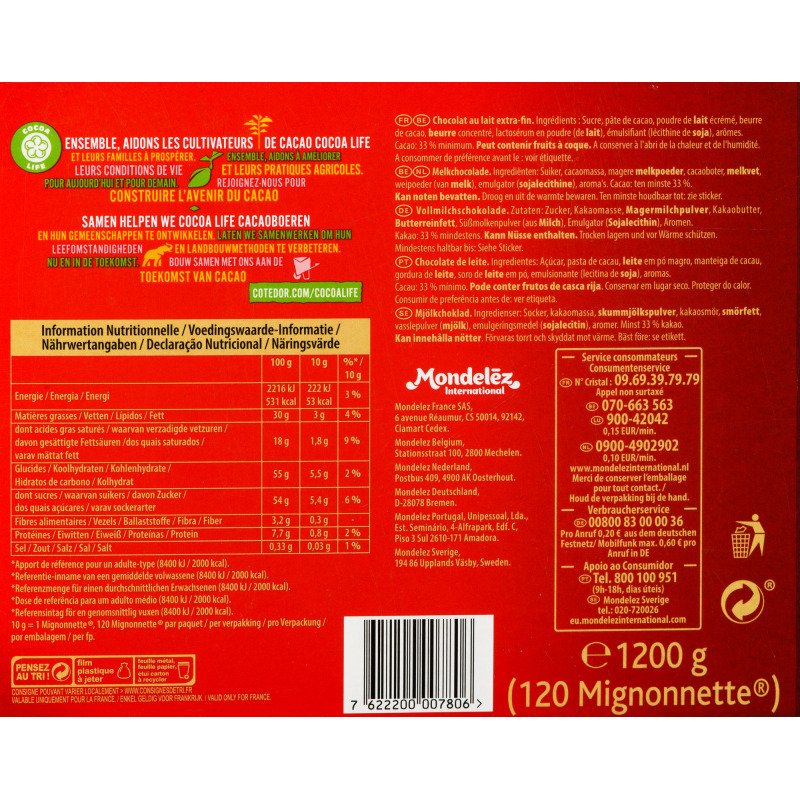 Napolitains chocolat au lait individuels Côte d'Or - Boîte de 1,2 kg - 120 pièces