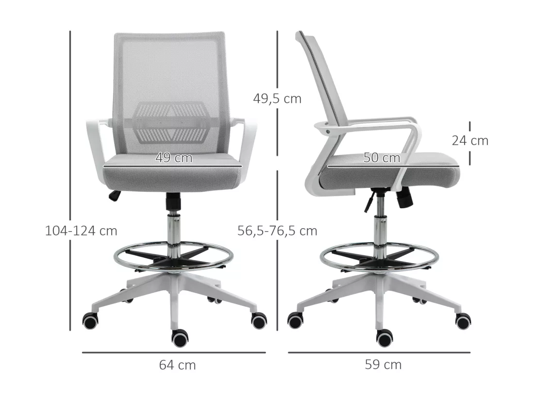 Fauteuil de bureau chaise de bureau assise haute réglable dim. 64L x 59l x 104-124H cm pivotant 360° maille respirante gris