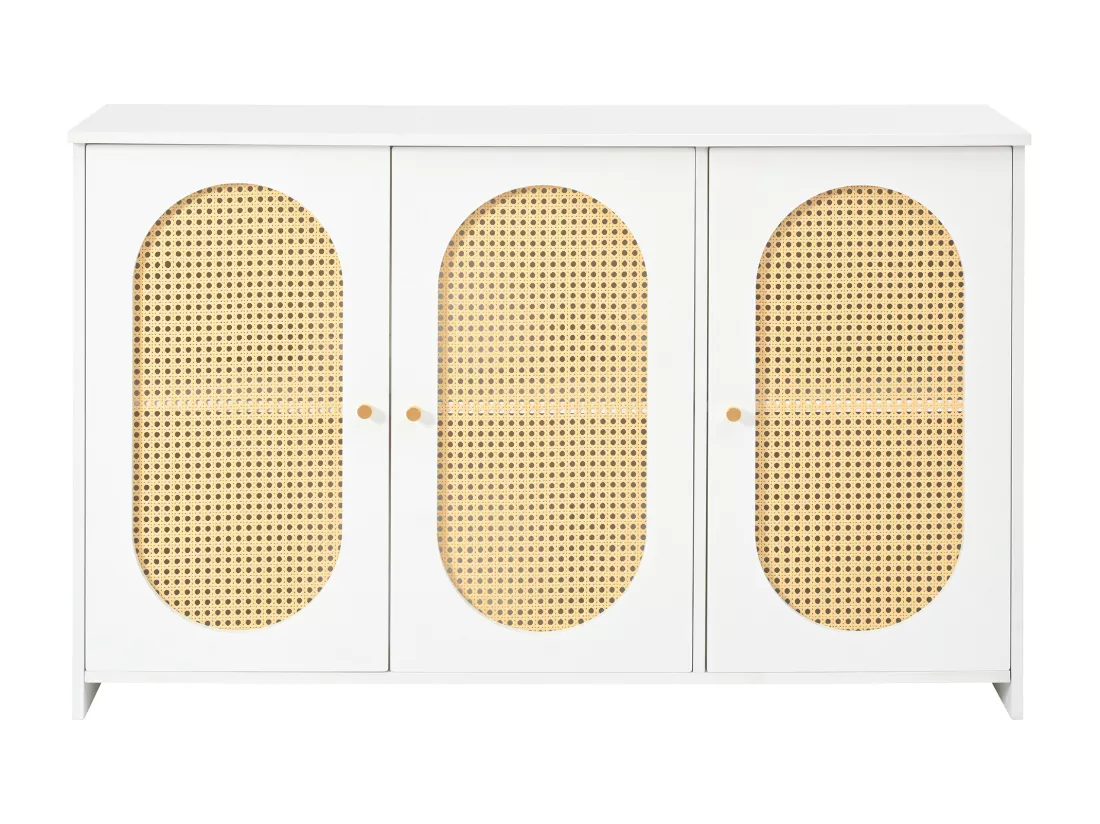 Buffet 3 portes en rotin avec étagères réglables - en MDF - Blanc