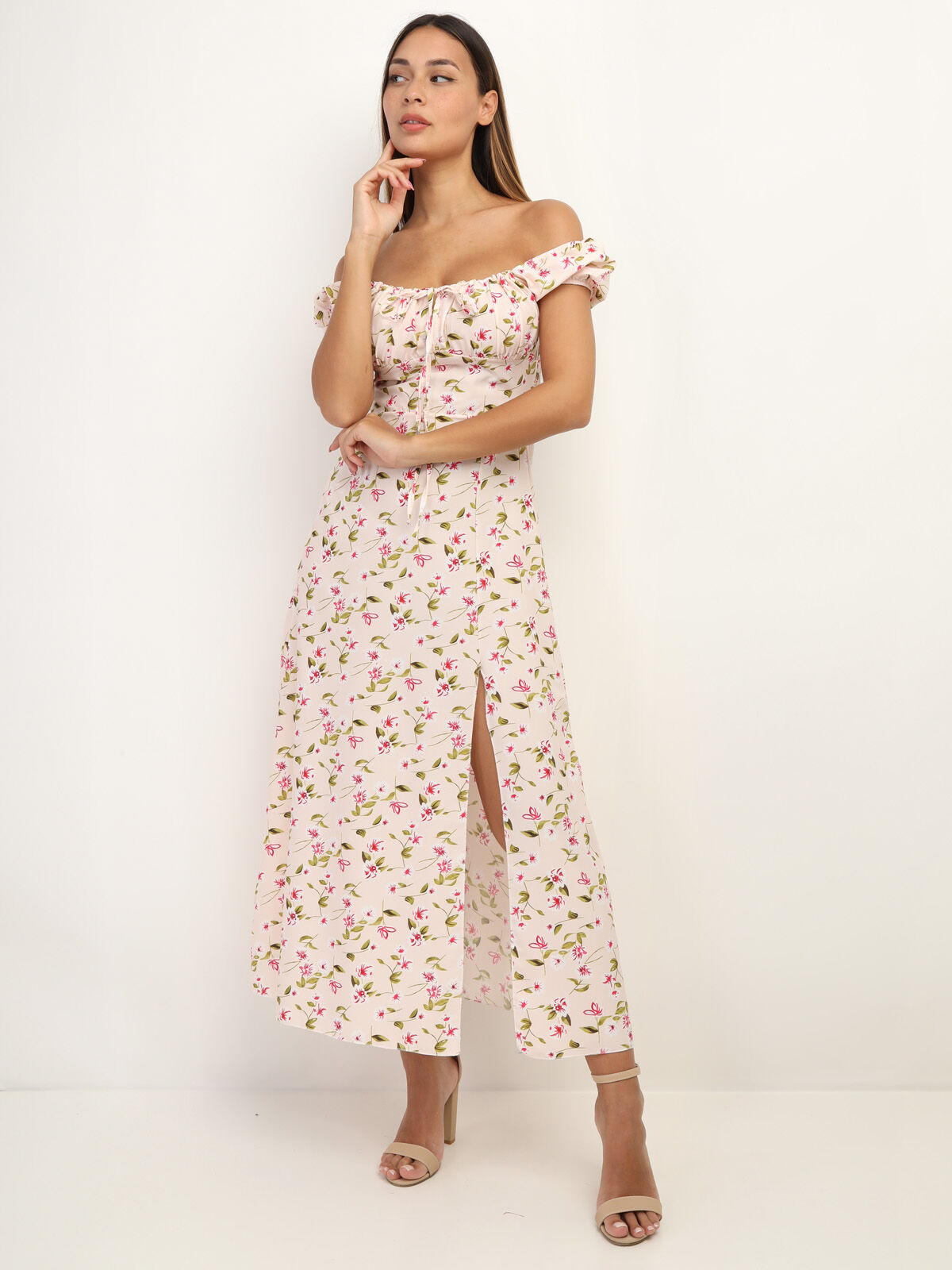 Robe corset à imprimé fleurs- Beige