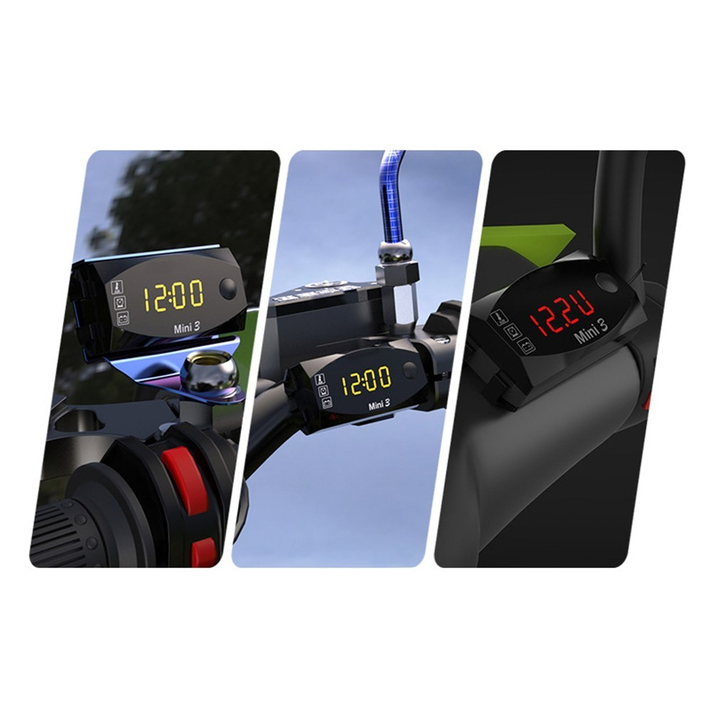 3in1 Motorrad Digital Uhr / Thermometer / Voltmeter LED Spannungsmesser IP67 - Schwarz / Rot