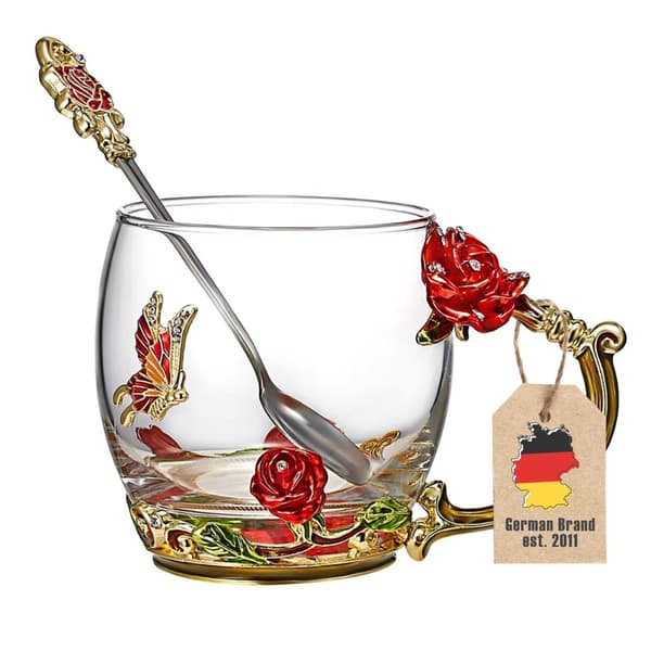 Sommerfugl Tekopp Blomsterkopp Kaffekopp 250 ml laget av varmebestandig glass Sett med skje i gull - rød - lilla - Perfekt gave til mors dag, bursdag,