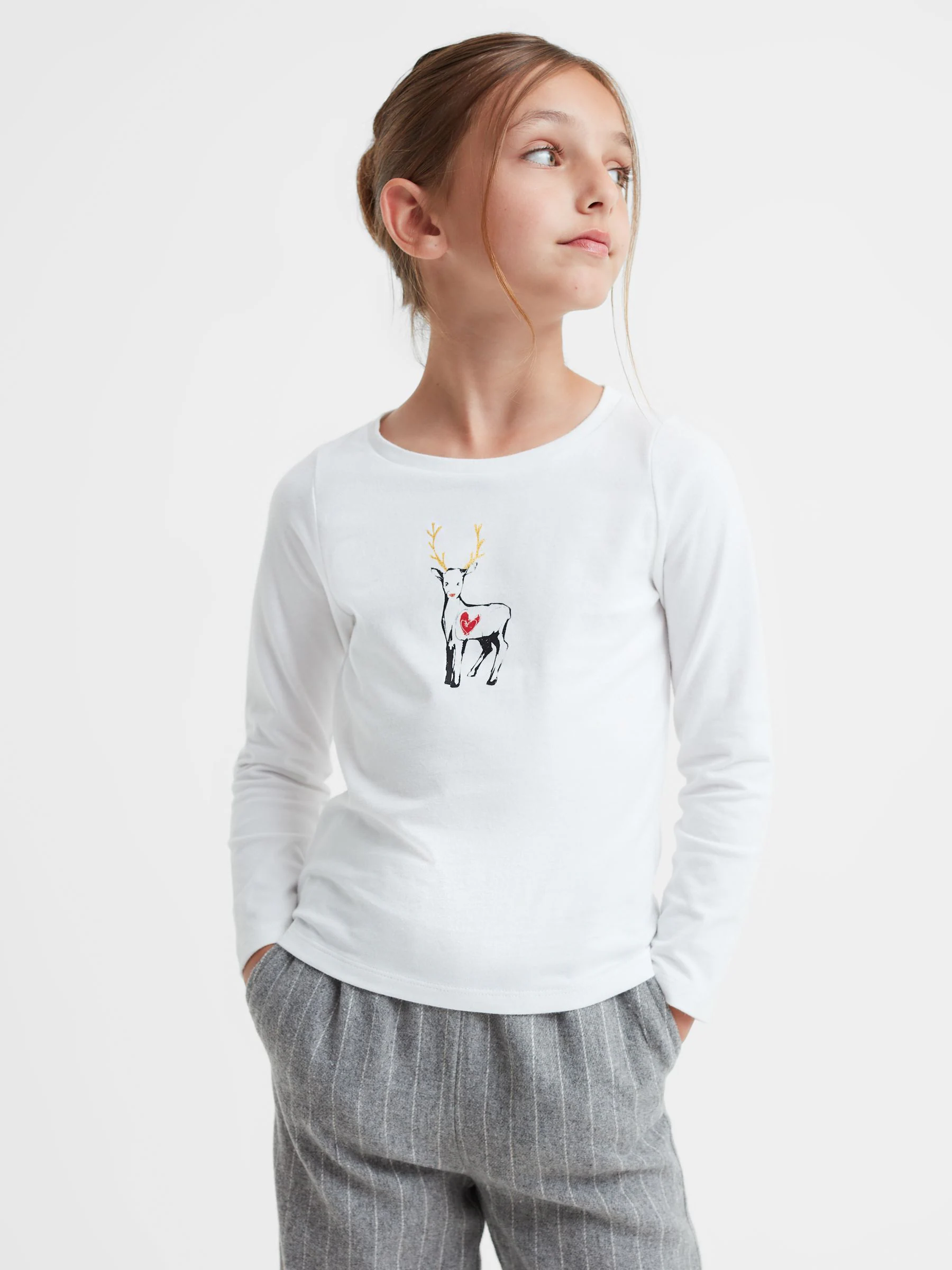 Reiss - Marli - Katoenen T-shirt met rendierprint en lange mouwen