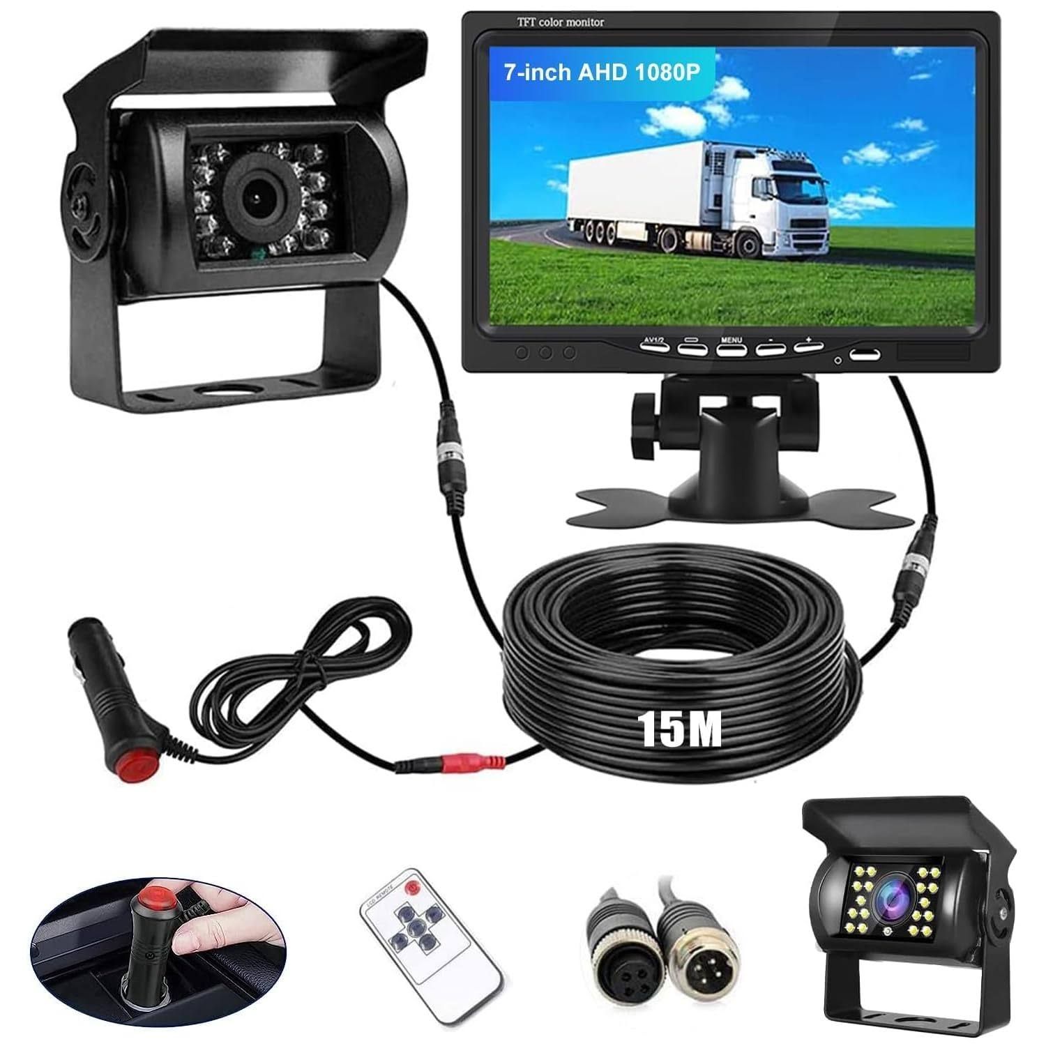Rückfahrkamera Set mit 7 Zoll Rear View Monitor, IP68 wasserdichte Nachtsicht Auto Backup-Kamera, Kabel Stabilem Signal Rückfahrkamera 12V - 24V mit