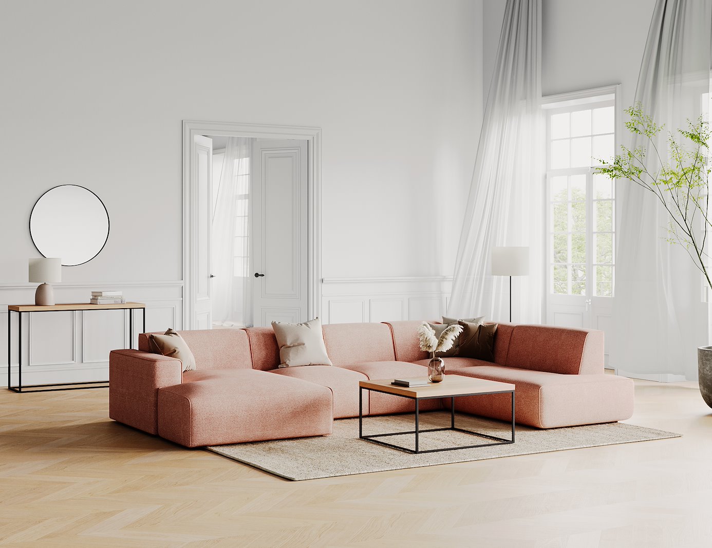 Enjoy U-sofa oppsett Sjeselong venstre liten , 2-seter, hjørne, åpen ende høyre liten i tekstil Brego 52 Magnolia med sorte ben