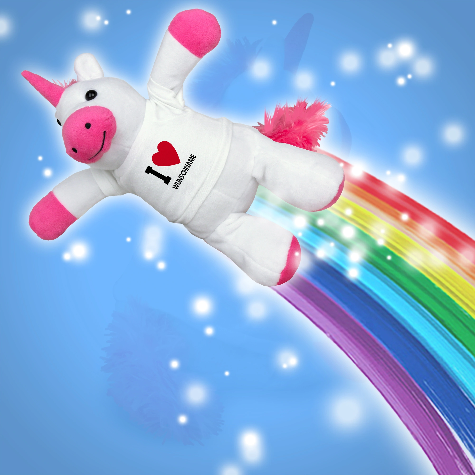 Kuscheltier Einhorn mit Namen (Motiv: I Love)
