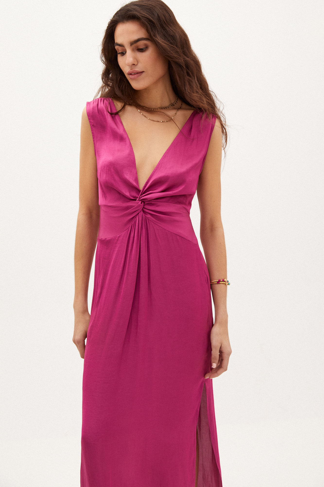 Vestido midi Flora de cetim - Rosa