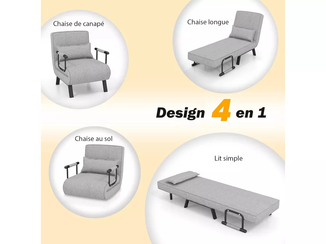 Fauteuil Convertible 1 Place, Chauffeuse 4-en-1 Dossier Réglable 6 Position, Oreiller, Siège Rembourré, Accoudoirs, Cadre Métal, Canapé-Lit Pliant, Gris clair