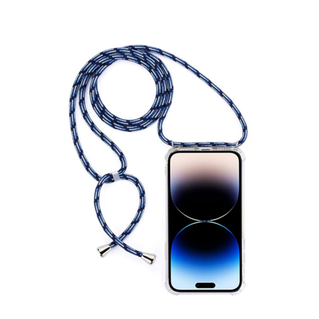 iPhone 14 Pro Max Necklace Gummi Hülle Air Cushion Fallschutz   Handykette (150cm) - Blau / Silber