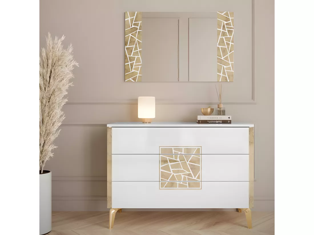 Chambre complète 160x200 Blanc brillant/Or - NAHESA