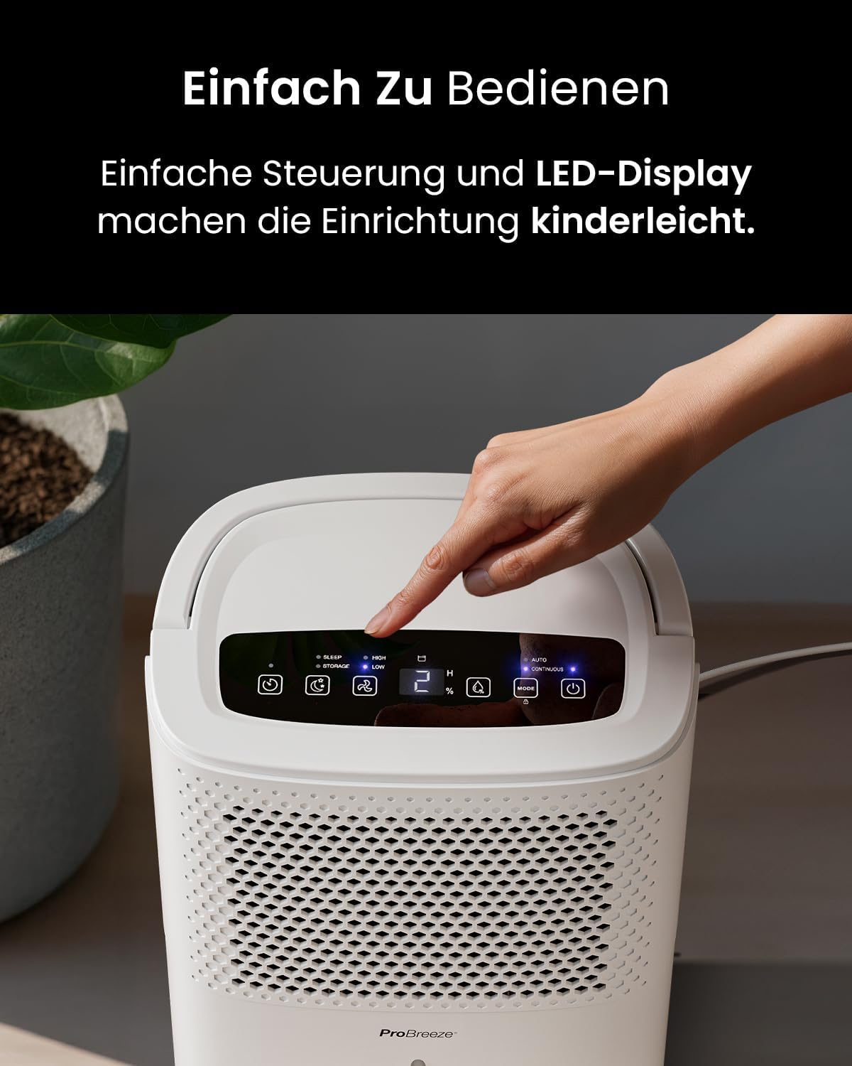 Pro Breeze Luftentfeuchter 12L in 24h Entfeuchtungsleistung - Raumgröße ca. 120m³ (~20 m²) - mit 3 Betriebsarten, Digitalanzeige, Ablaufschlauch, Timer - Gegen Feuchtigkeit, Schimmel Weiß