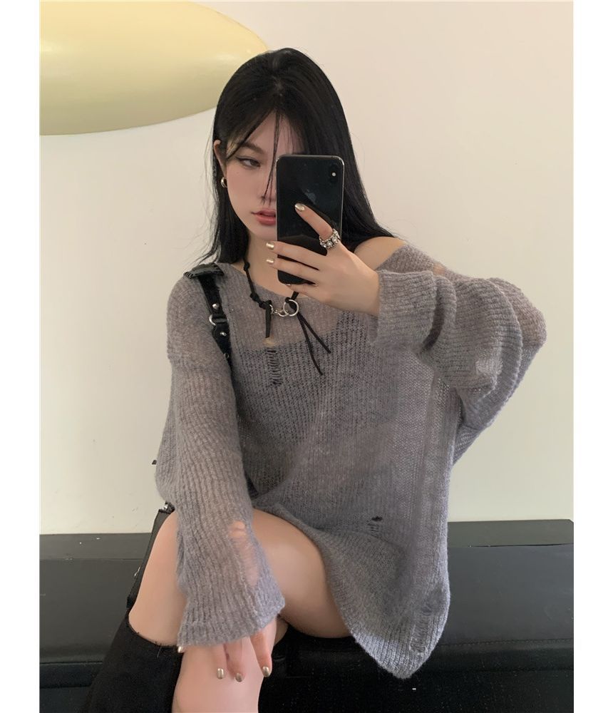 Strawolf - Lange mouwen effen gebreide top met distressed effect