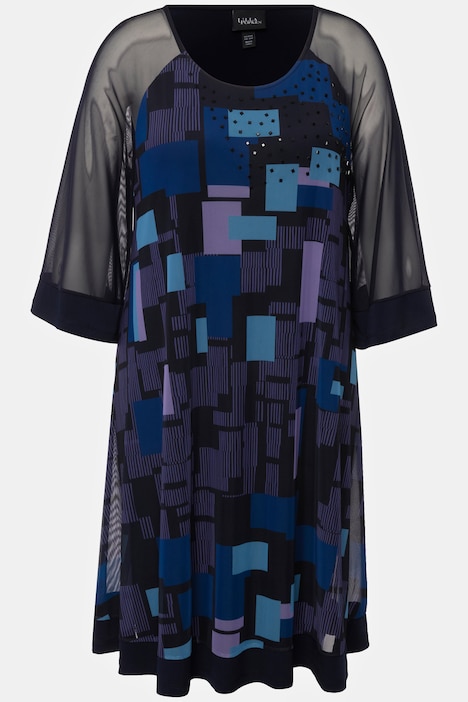 Midikleid, doppellagig, Mesh mit Grafik Print, Schmucksteine, 3/4-Ärmel