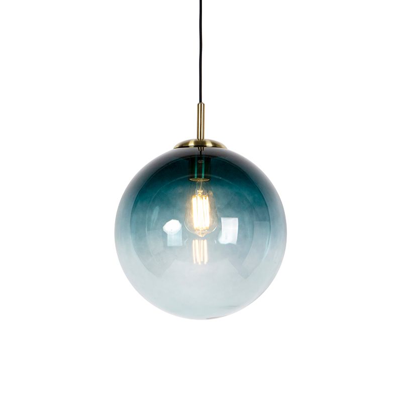 Art Deco hanglamp messing met oceaanblauw glas 33 cm - Pallon