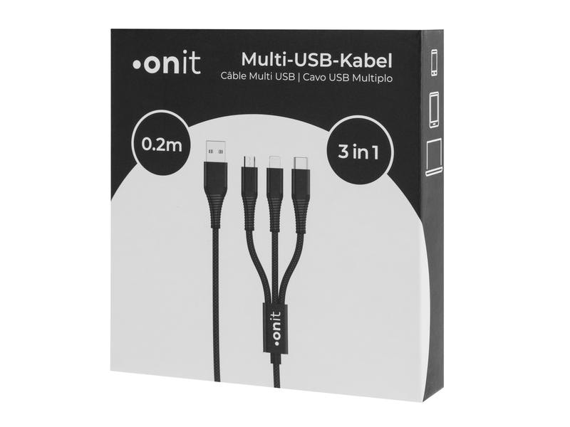 onit USB-Ladekabel USB A - Lightning/Micro-USB B/USB C 0.2 Verbindungskabel mit geflochtener Nylonummantelung