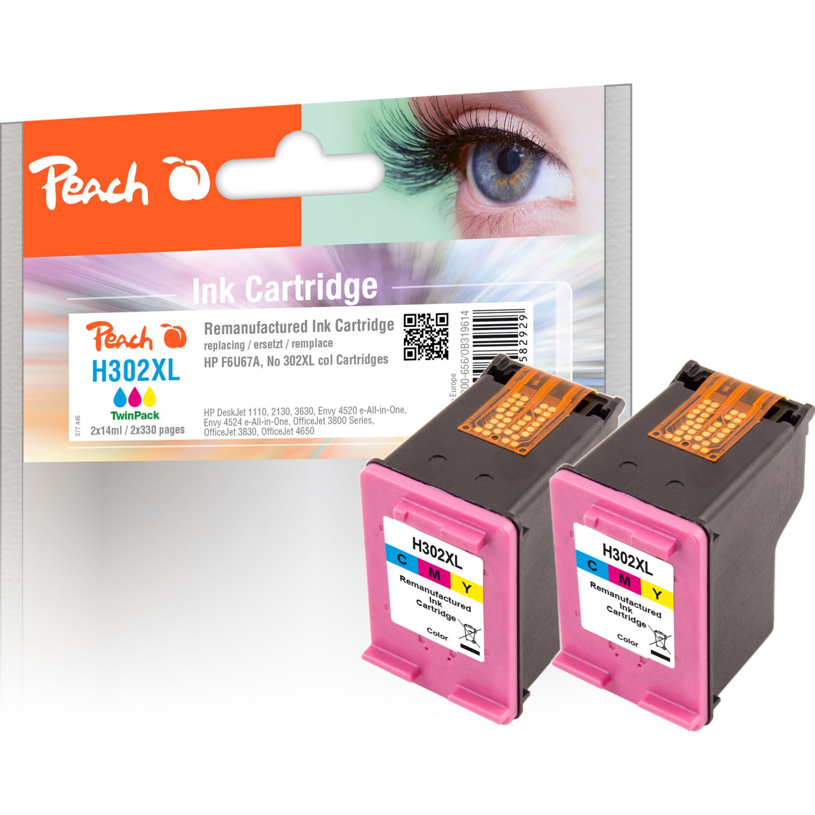 Peach HP 302 XLc 2 Druckköpfe XL 2*col ersetzt HP No. 302XL c*2, F6U67AE*2 für z.B. HP OfficeJet 3833, HP Envy 4520, HP OfficeJet 5232, HP DeskJet 3639 (wiederaufbereitet)