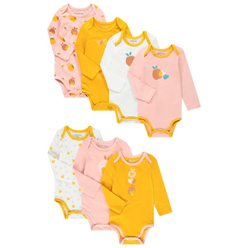 Lot de 7 bodies manches longues en coton bio pour bébé fille - Rose