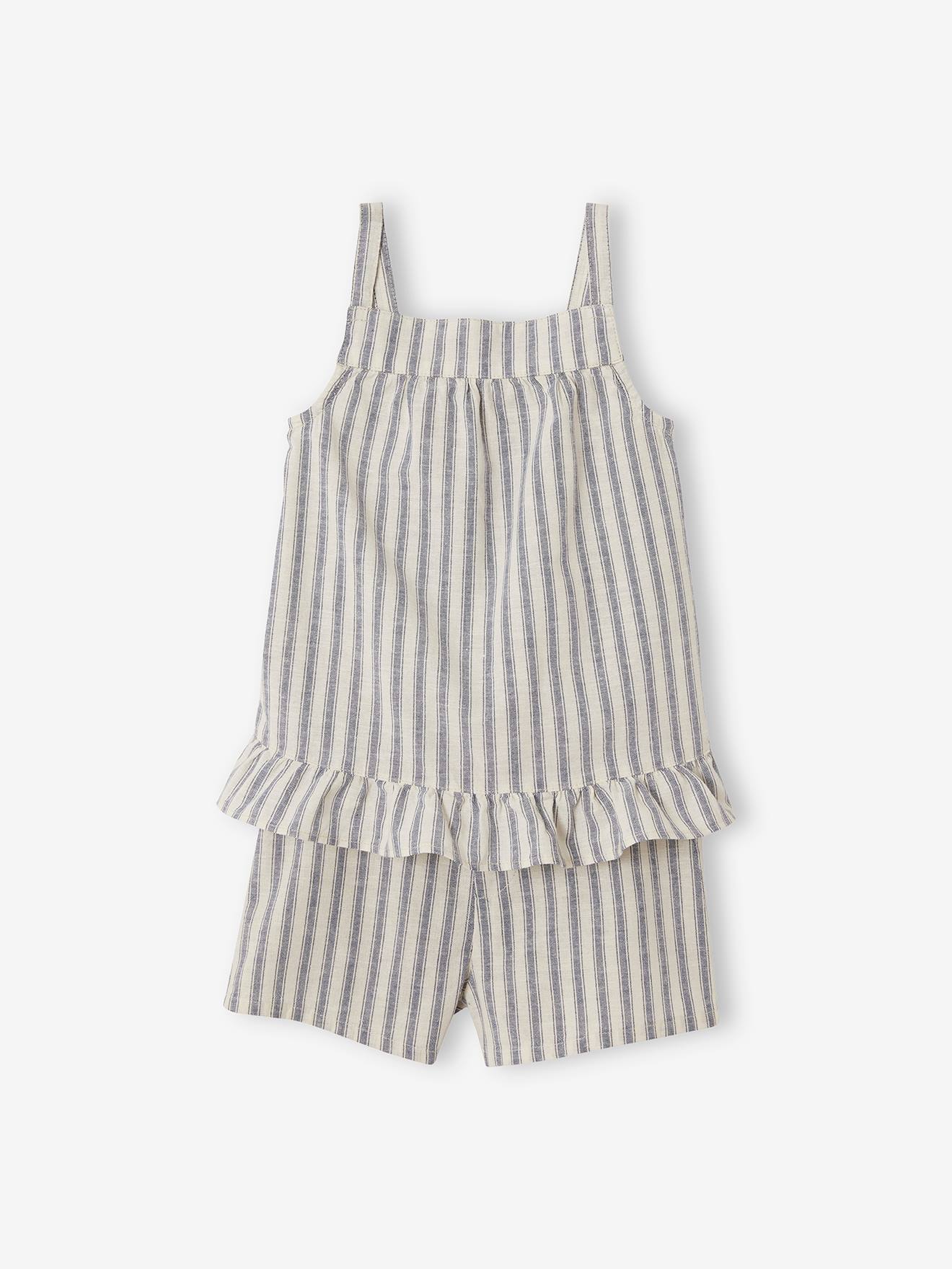 Conjunto listrado para meninas, composto por blusa sem mangas com babado e shorts combinando, listrado em branco escuro.