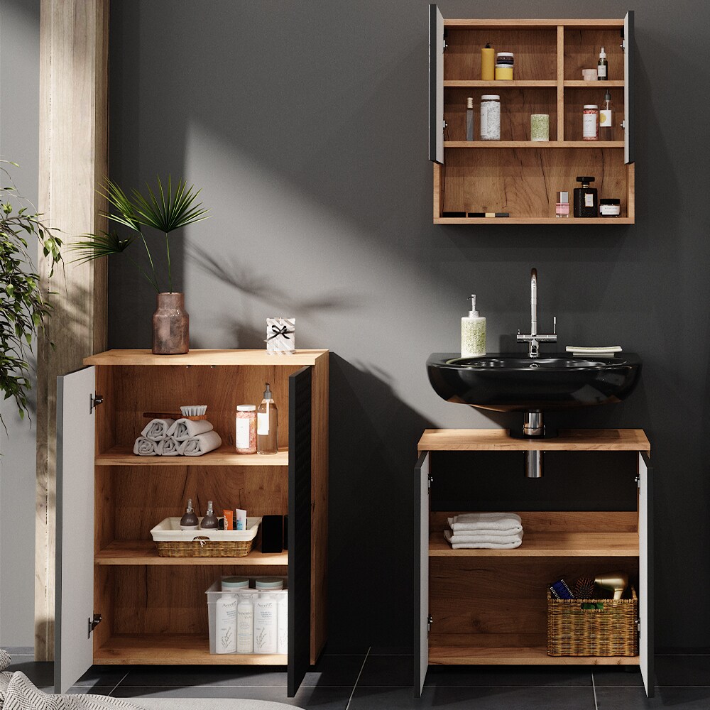 Vicco Badmöbel-Set Irma Eiche Anthrazit 3-teilig Kommode Waschbeckenschrank 60 cm