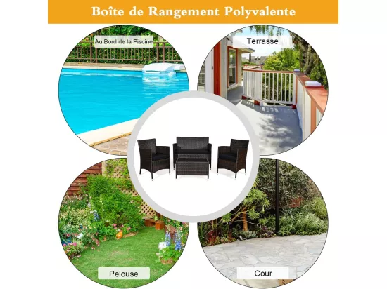 Salon de Jardin 4 Pièces en Rotin et fibre naturelle PE Charge 160-320KG, avec Coussins et Table Basse en Verre Trempé pour Patio Balcon Terrasse