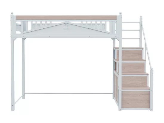 Lit mezzanine en métal 90x200 avec clôture sécurité à boule design fenêtre échelle de grimpe avec casiers bois interchangeable gauche droite gain de place