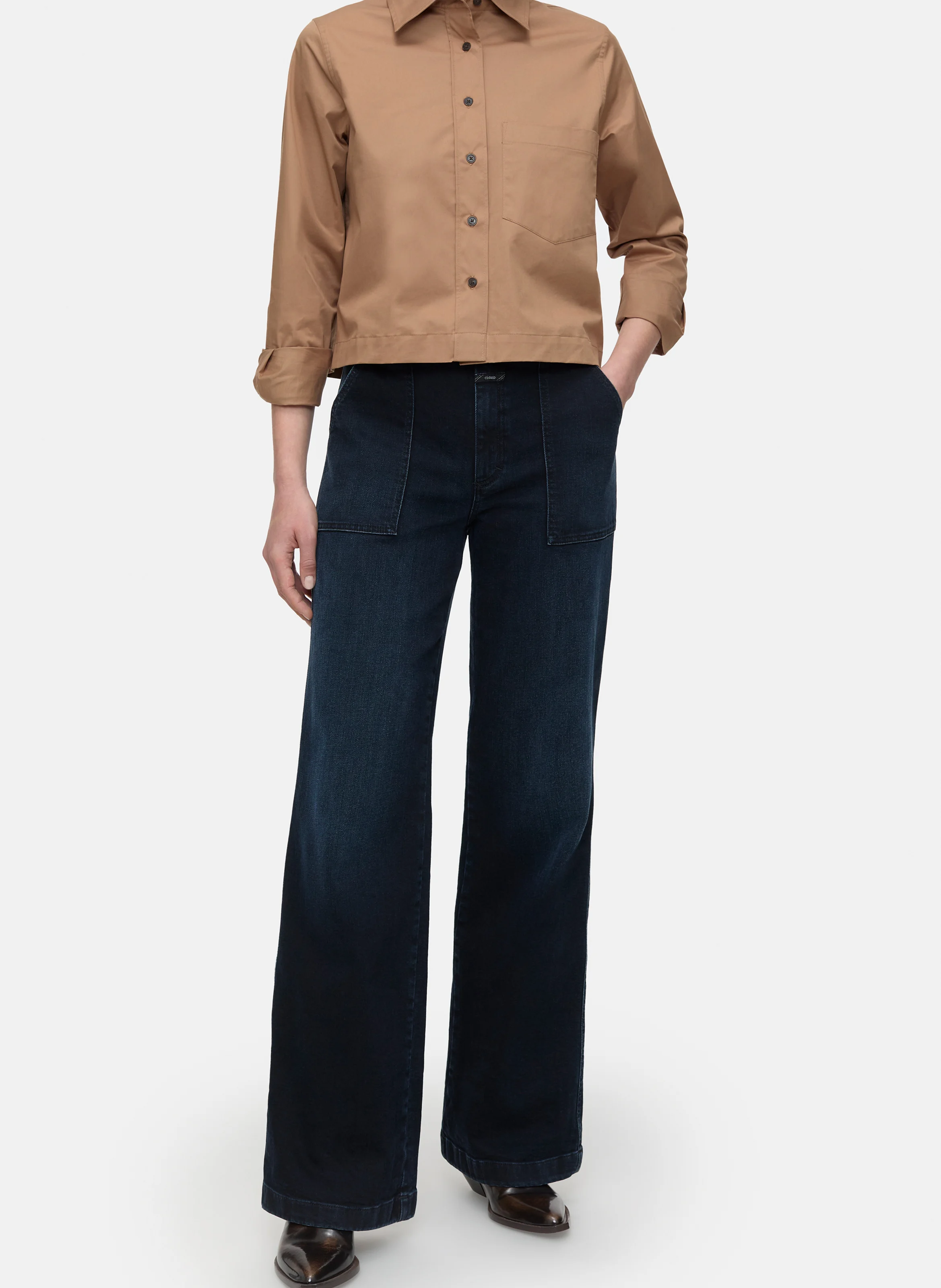 Chemise courte col classique en popeline de coton | Marron