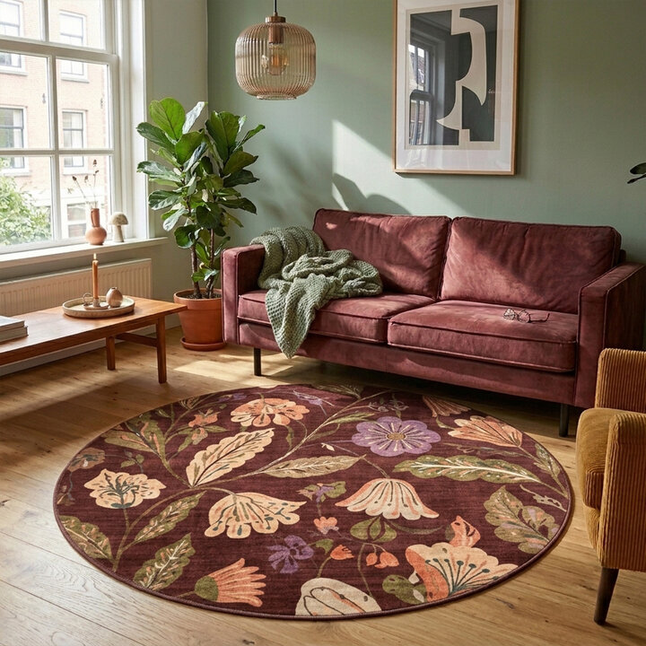 Rond wasbaar vloerkleed - Misty Flowers Bruin | Wasbaar