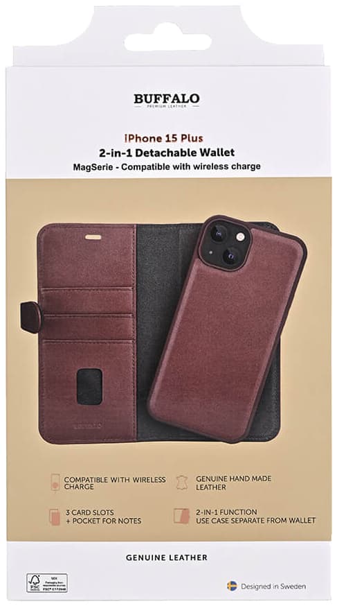 Buffalo iPhone 15 Plus 2in1 Leather MagSeries pungetui (brun)