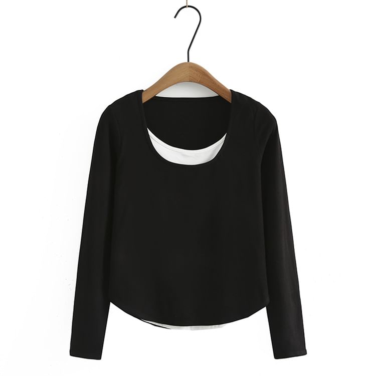 Krezol - Plus Size T-shirt met lange mouwen en ronde hals, nep tweedelig, tweekleurig