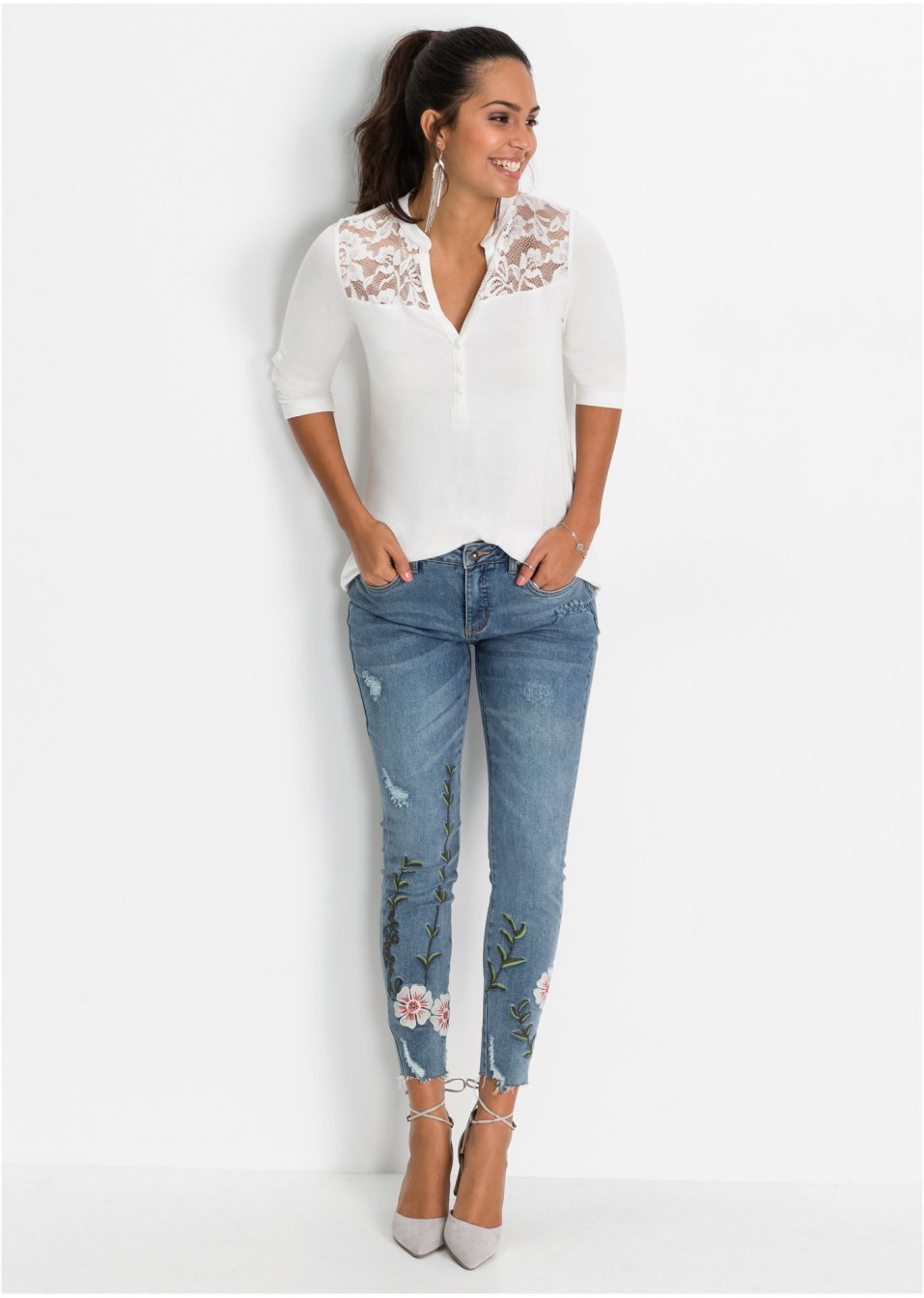 T-shirt Henley à empiècement dentelle