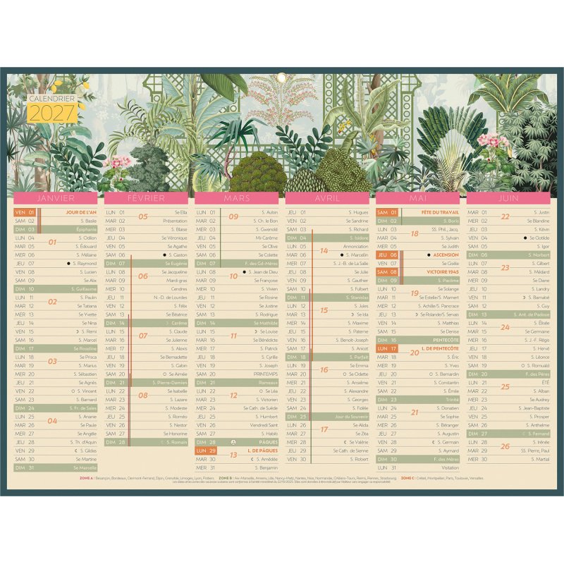 Calendrier semestriel mural 2027 - Exotique - 32 x 42 cm
