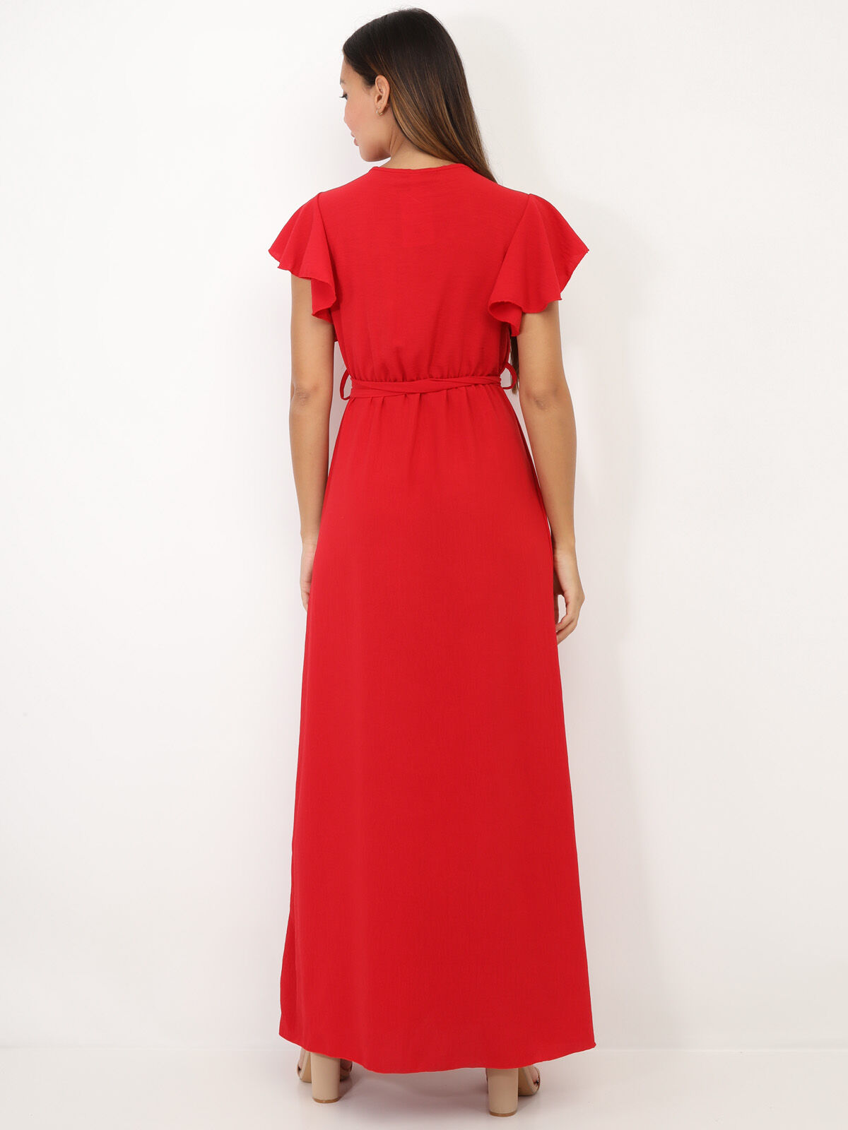 Robe longue fendue à col cache coeur- Rouge