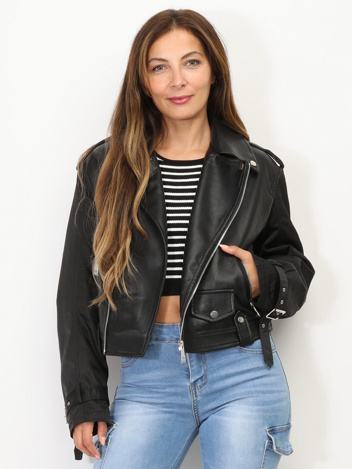 Blouson motard bi-matière- Noir