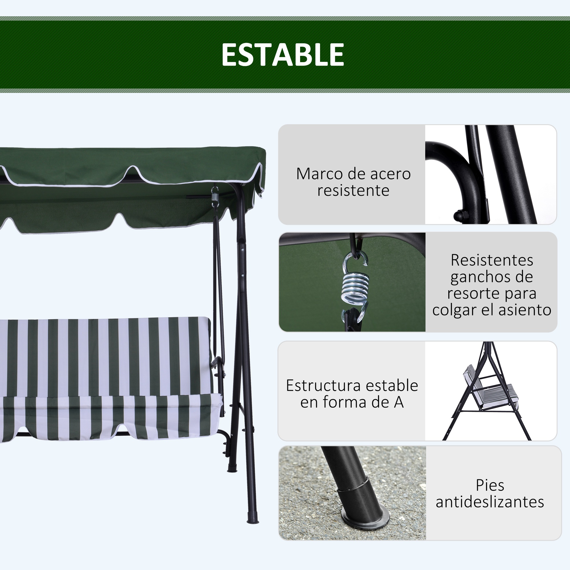 Cadeira de balanço de jardim Outsunny de 3 lugares com cobertura, teto impermeável com ângulo ajustável para pátio externo, varanda, carga máxima de 200 kg, aço, 172x110x153 cm, verde