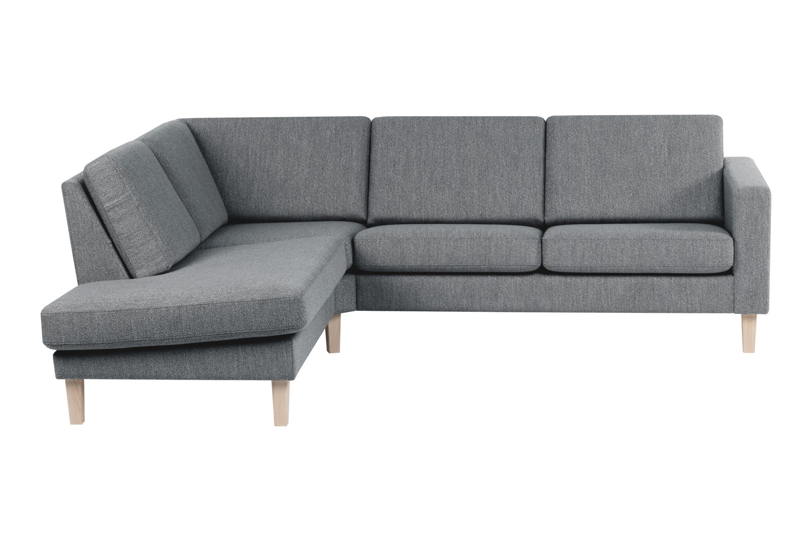 Slogen hjørnesofa Oppsett AV. 2,5-seter med åpen ende venstre. Tekstil Viva Grey med standard ryggpute. Vange B og hvitpigmentert ben 178.