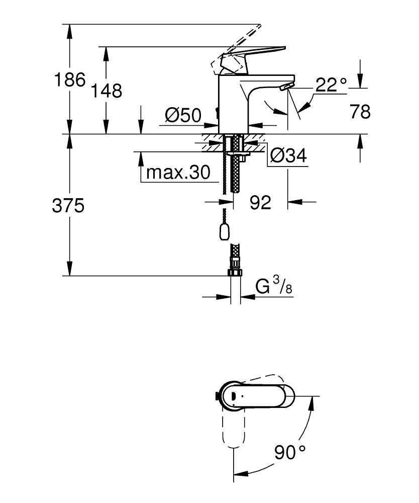 Grohe Eurosmart Cosmopolitan 1-gats wastafelkraan met ketting chroom