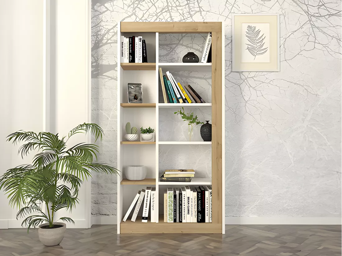 Bibliothèque avec 10 niches - Naturel clair et Blanc - SILOMAI
