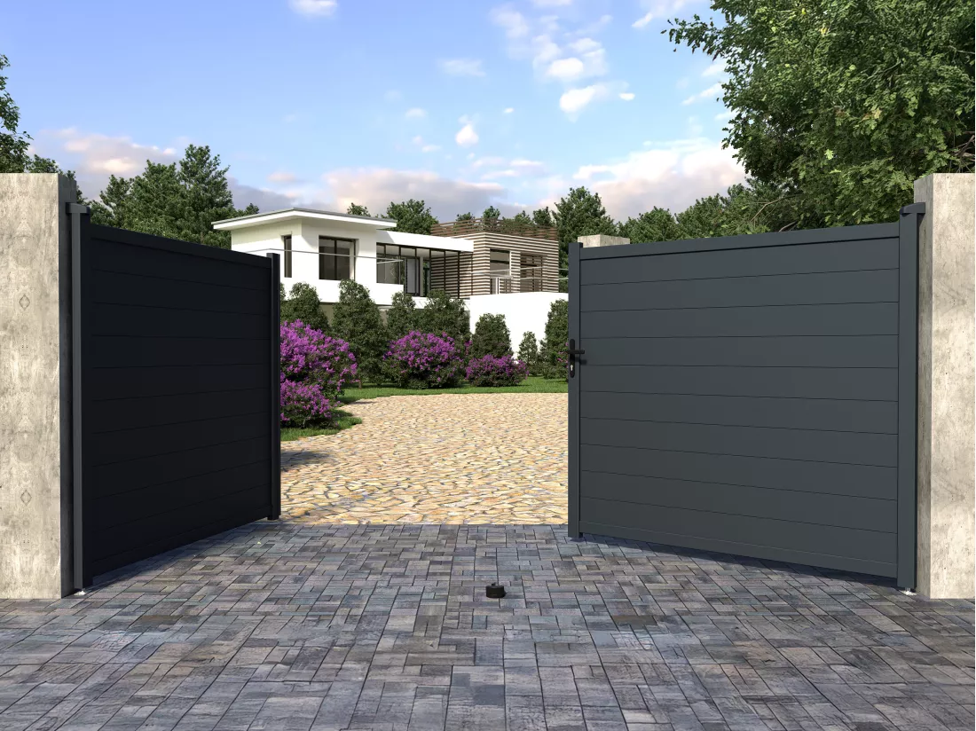Portail battant aluminium plein L397 x H181 cm anthracite - NAZARIO