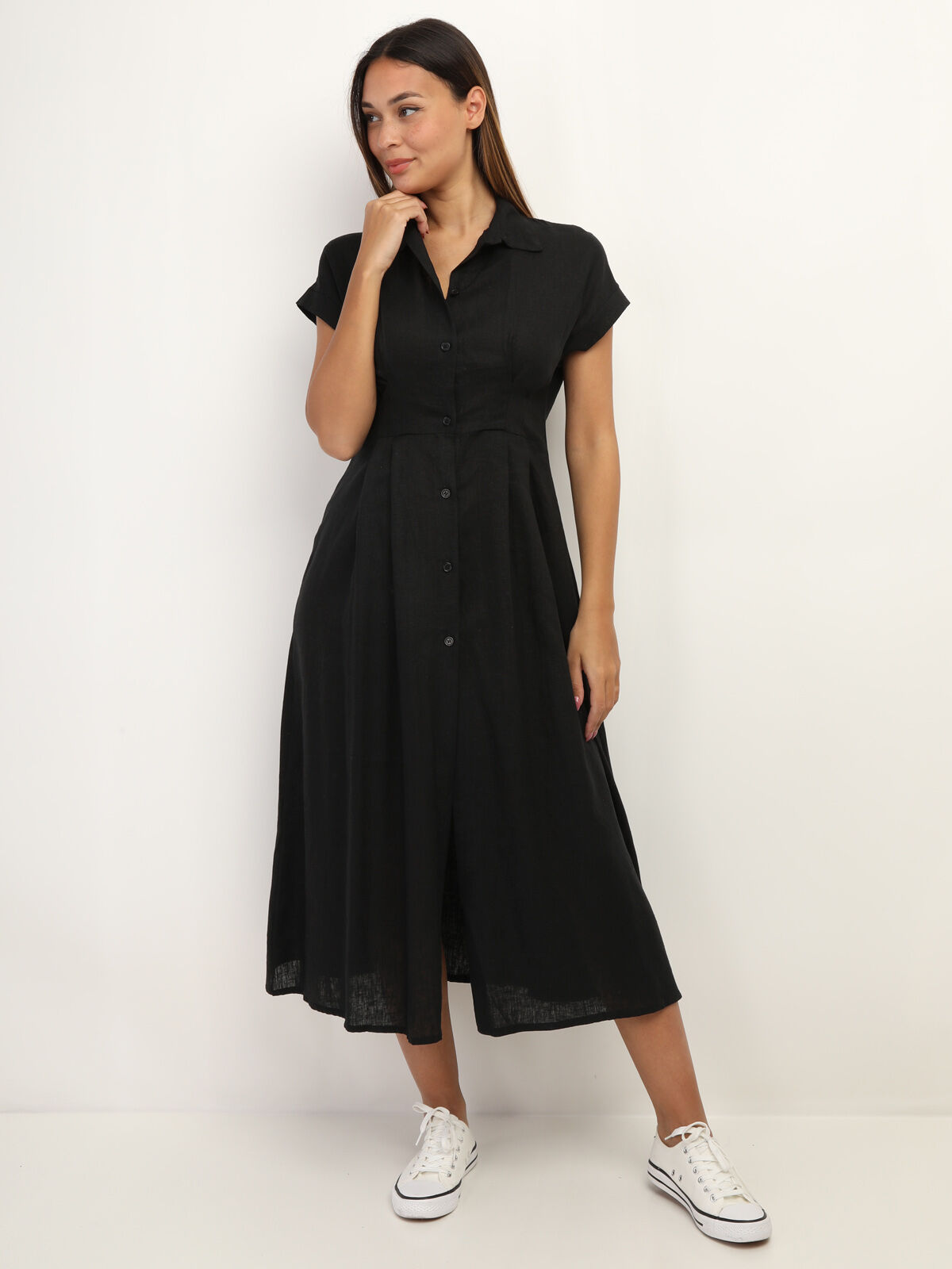 Robe en lin boutonnée à fente- Noir