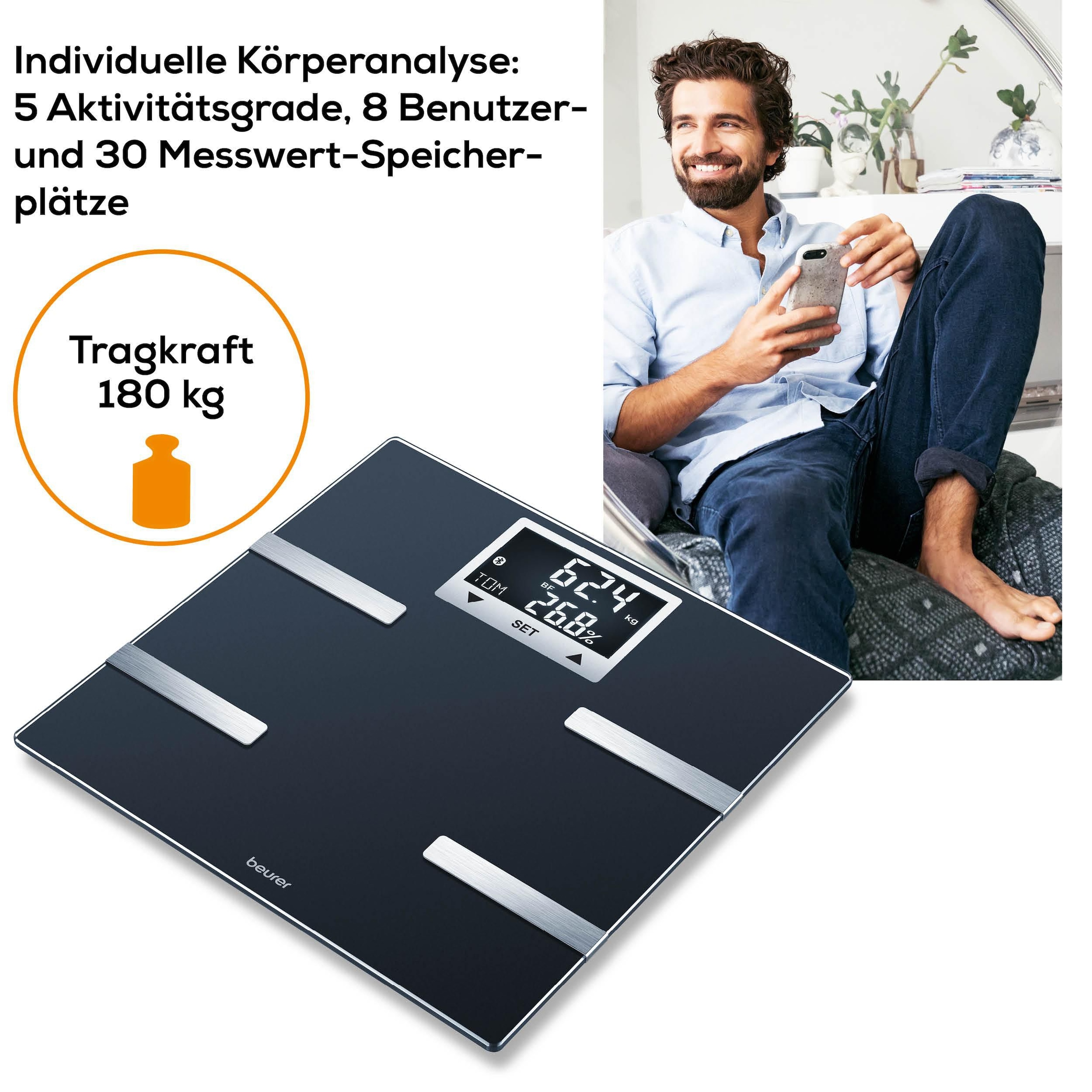 BEURER Körper-Analyse-Waage »BF 720 Messung von Körperfett, Muskelanteil, Kalorienanzeige usw.« Körperanalyse, mit App zur Übertragung und Tracking der Messwerte