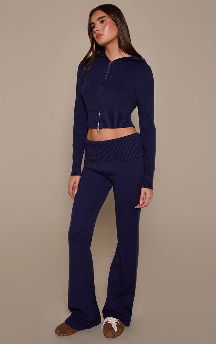 Bleu Marine Pantalon Évasé En Maille Avec Taille Repliable Douce