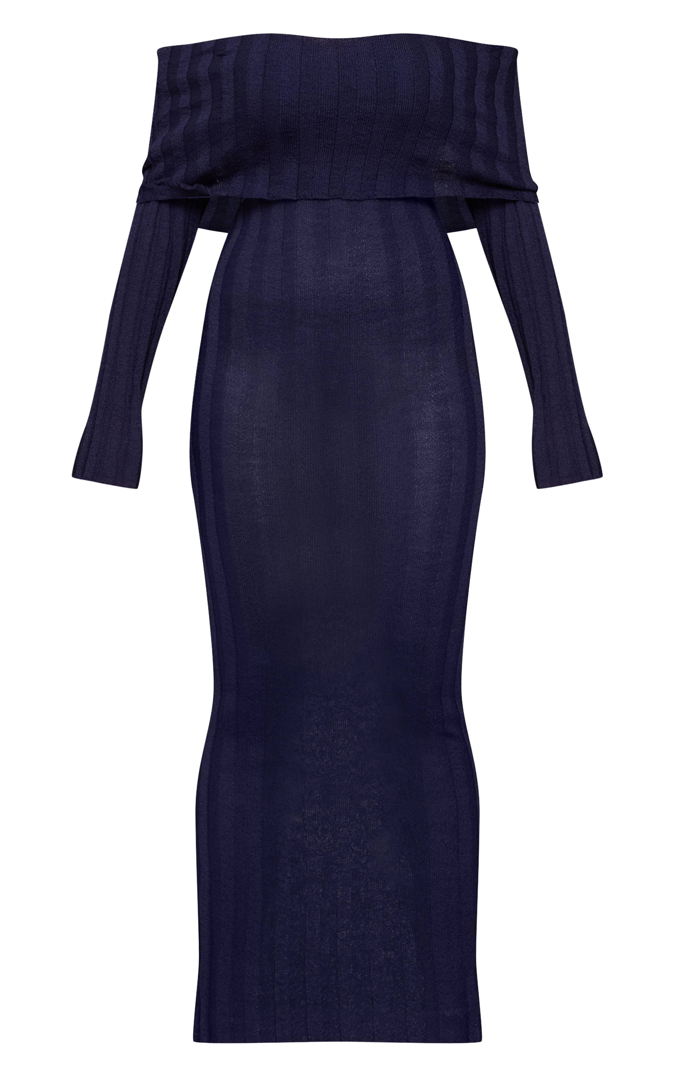 Bleu Marine Robe Maxi Côtelée Bardot À Revers Shape