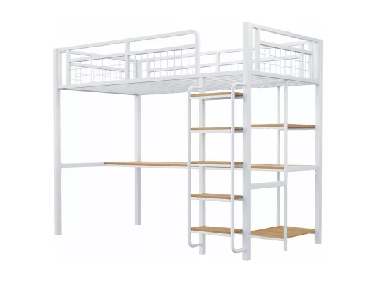 Lit mezzanine en métal, 90*200 cm, échelle de sécurité avec marches, lit simple avec table et étagère, barrière de sécurité en métal, blanc