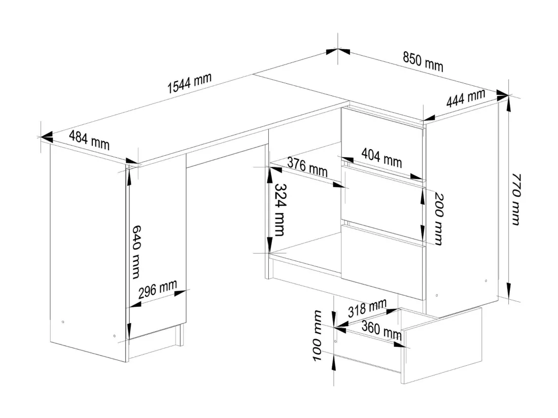 Bureau AKORD d'angle droit B20 Chêne Craft 155 cm 1 porte 3 tiroirs façade Chêne Craft 4 étagères 155x85x77 cm