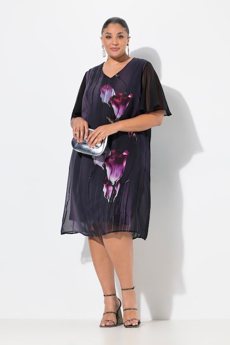 Kleid, Blüten, A-Linie, V-Ausschnitt, Cup-Halbarm