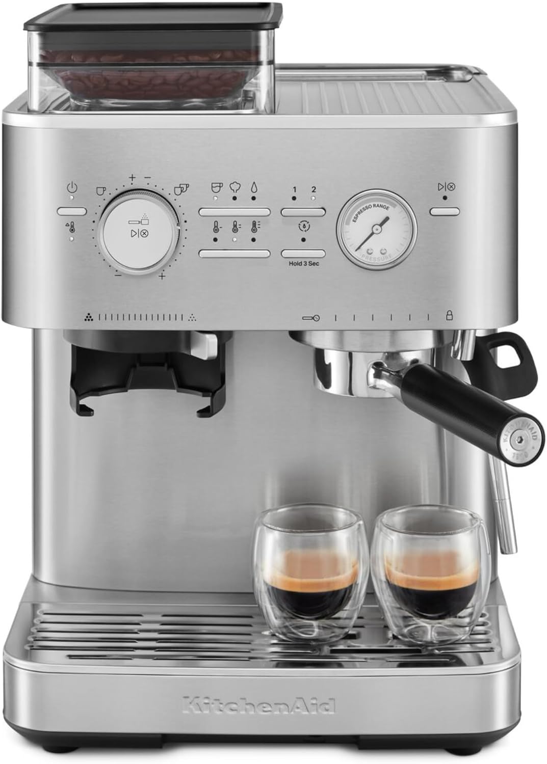 KitchenAid kaffeemaschine mit mahlwerk I Halbautomatische Espressomaschine I Heißgetränke von Espresso bis Cappuccino I Milchschäumerfür, Milchkännchen, Bohnenbehälter (Edelstahl)